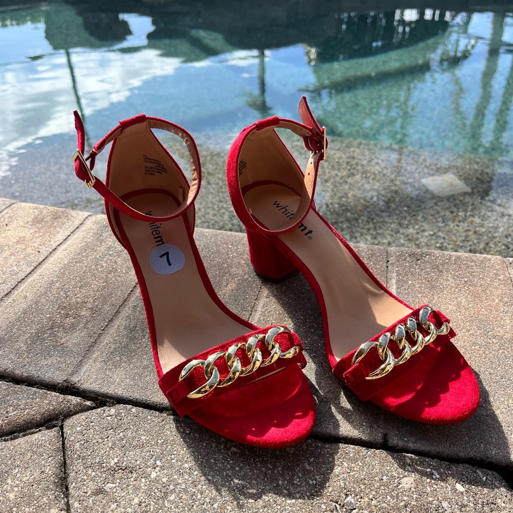 Brand New, Red Suede Chunky Heel Sandals